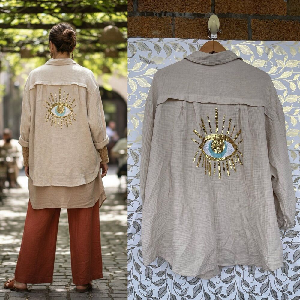MATTEO Italy Cotton Gauze Shirt Oversized Beige Evil Eye Sequin MOP Buttons  XL